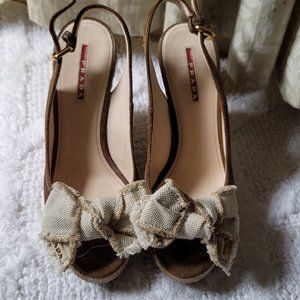 Prada Brown Suede Bow Slingback Wedge Platform reduced by a total of $114